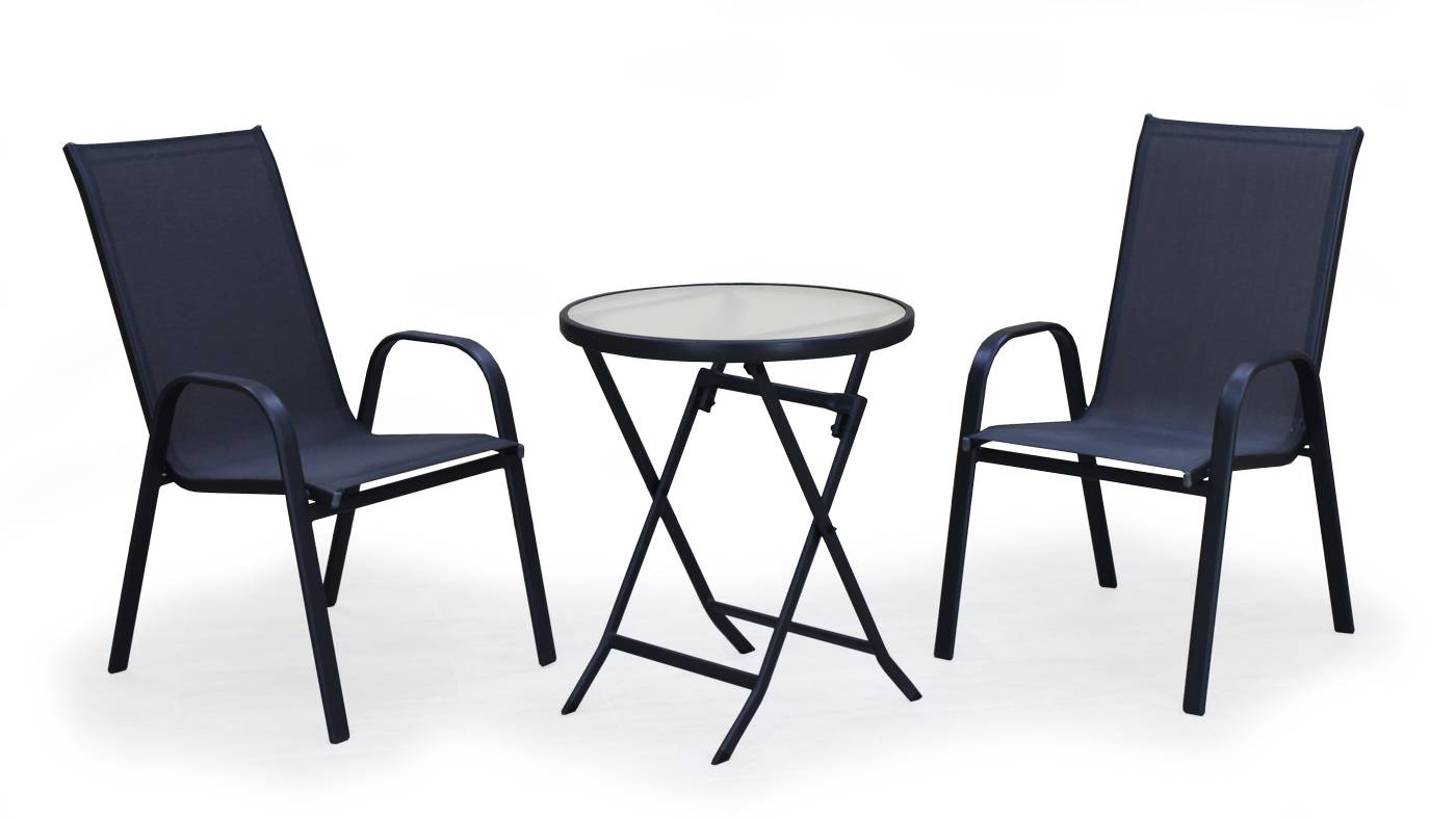 Conjunto de acero color antracita: mesa redonda de 60 cm. con tapa de cristal templado + 2 sillones de acero y textilen
