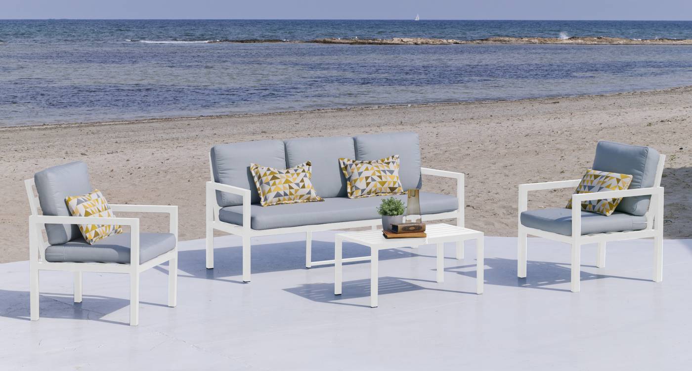 Set Aluminio Luxe Mandalay-8 - Conjunto aluminio: 1 sofá de 3 plazas + 2 sillones + 1 mesa de centro + cojines. Estructura aluminio de color blanco o antracita.