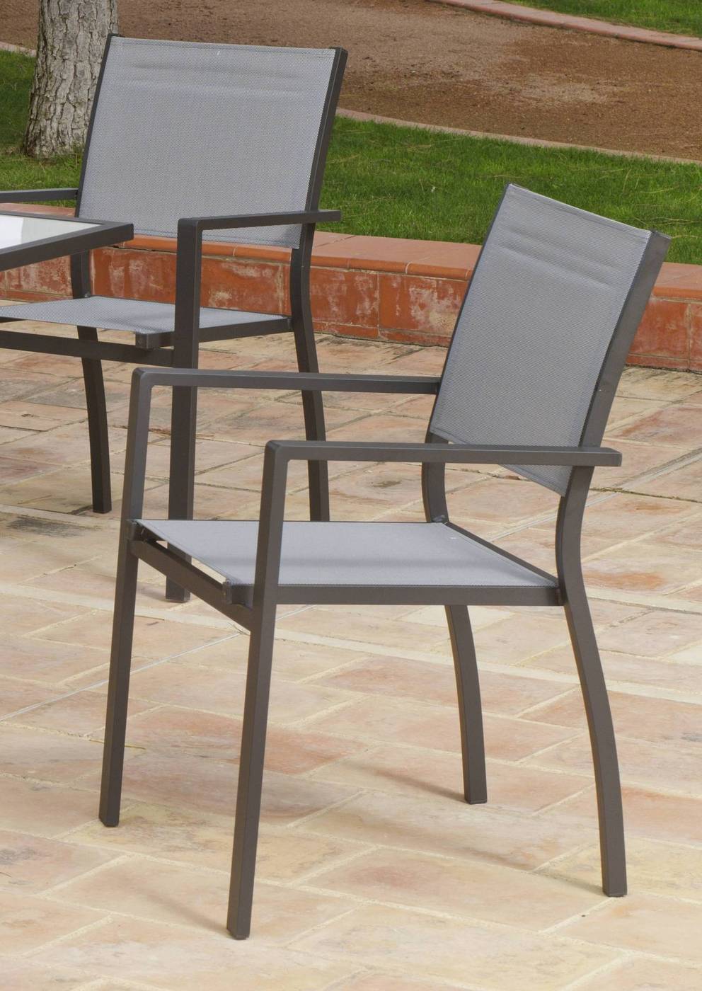 Conjunto Aluminio Horizon 80-4 - Conjunto de aluminio color antracita: mesa cuadrada de 80 cm. + 4 sillones de alumino y textilen