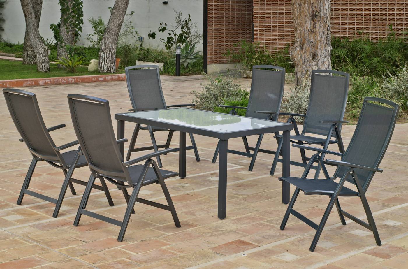 Set Aluminio Horizon-Brescia 150-4 - Conjunto de aluminio color antracita: 1 mesa con tablero de cristal templado de 150 cm. + 4 tumbonas de textilen.