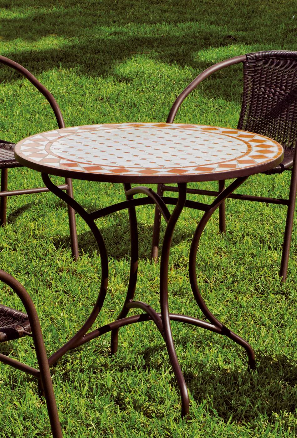 Mesa de forja para jardín o terraza, con tablero mosaico de 75 cm. de diámetro.