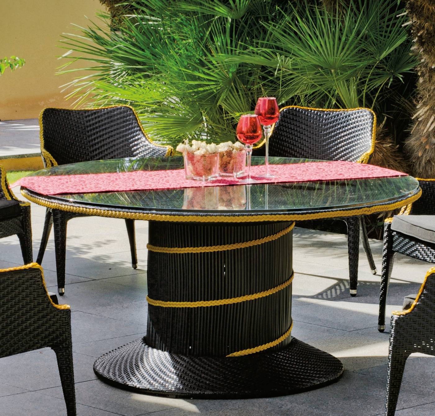 Set Médula Luxe Morea 150-6 - Conjunto gran lujo de médula sintética redonda color negro: 1 mesa comedor 150 + 6 sillones con cojines