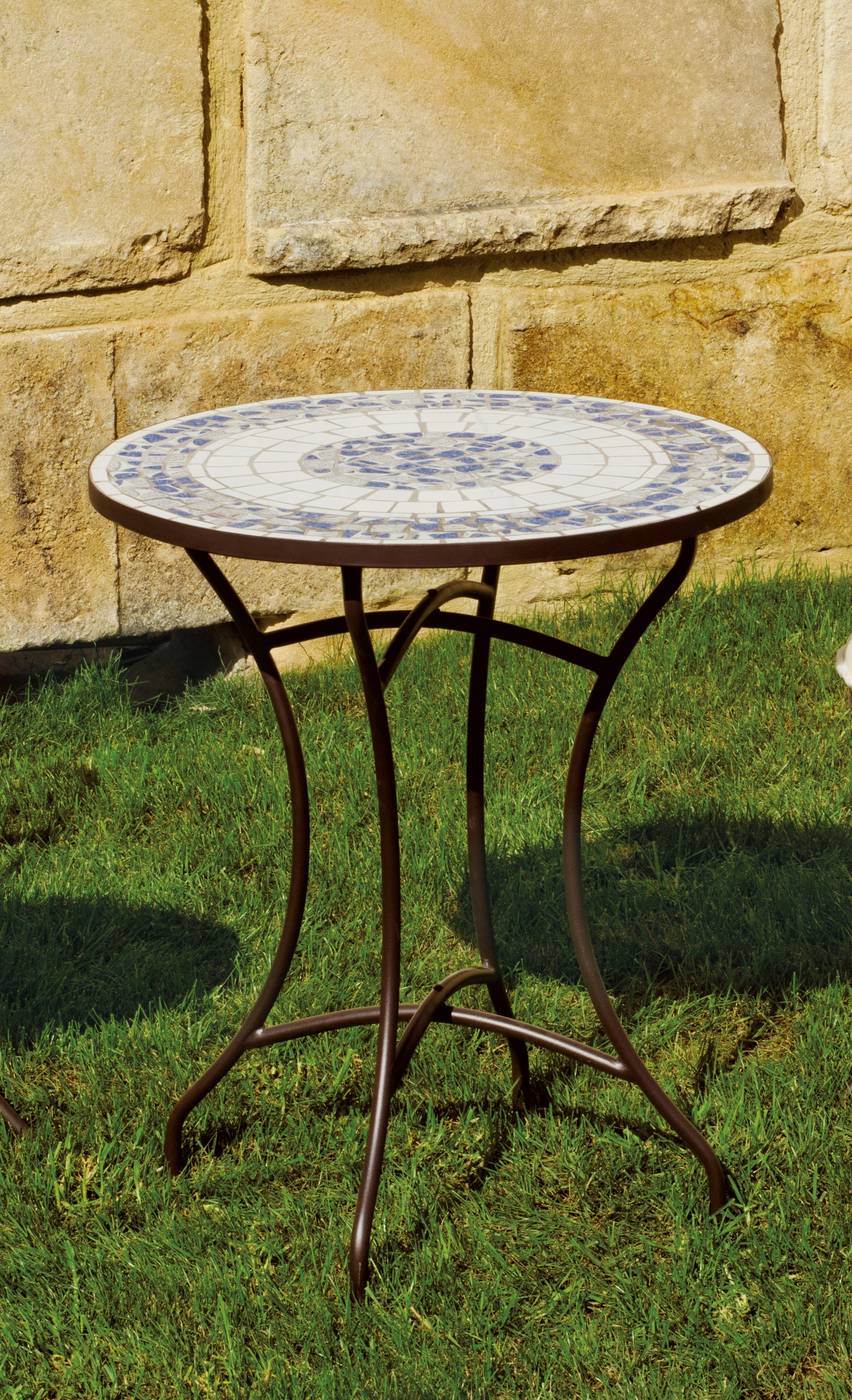 Set Mosaico Rexi-Brasil - Conjunto de acero color bronce: mesa redonda de acero forjado con tablero mosaico de 60 cm. + 2 sillones apilables de wicker reforzado