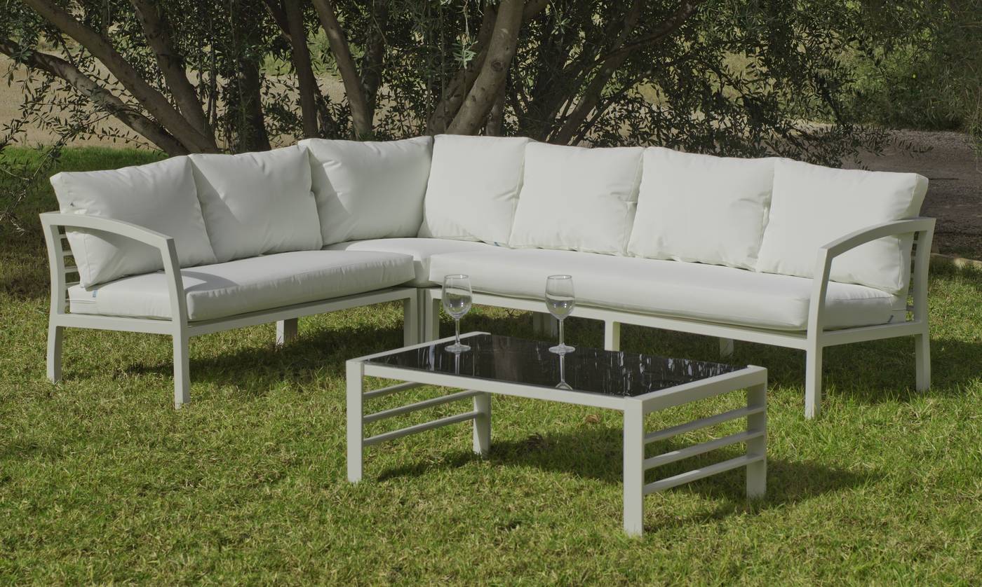 Conjunto jardín modular de aluminio color blanco: rinconera de 6 plazas + mesa de comedor