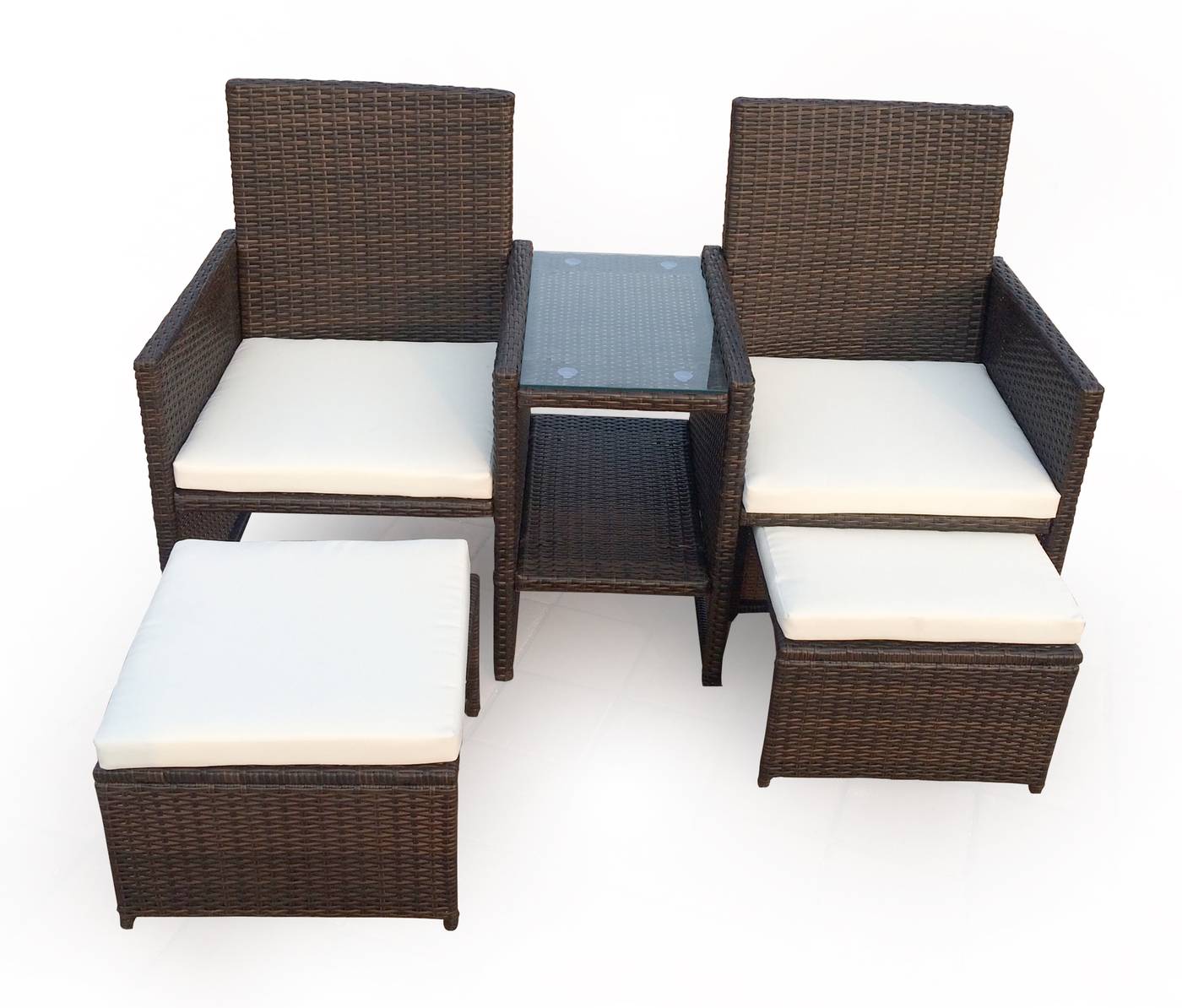 Conjunto de ratán sintético: 2 sillones multiposiciones con mesa centro ligada y 2 taburetes ocultables bajo sillón