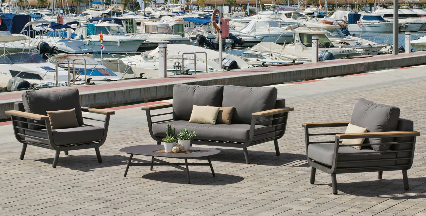 Conjunto lujo de aluminio color antracita: 1 sofá de 2 plazas + 2 sillones + 1 mesa de centro + cojines.