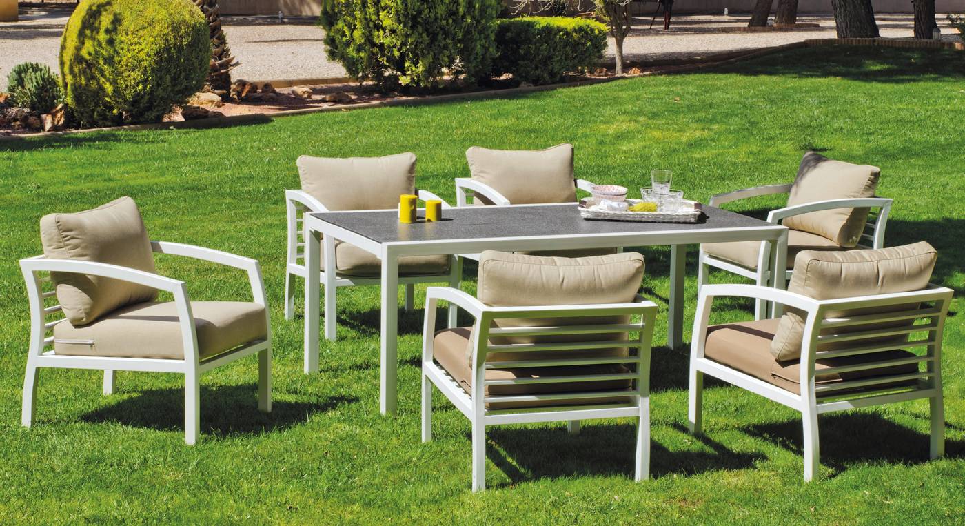 Set Alumino London-220 - Conjunto jardín de aluminio color blanco: mesa de comedor de 220 cm + 6 sillones con cojines