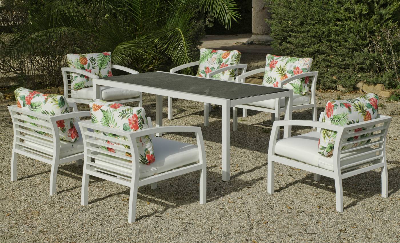 Conjunto jardín de aluminio color blanco: mesa de comedor de 220 cm + 6 sillones con cojines