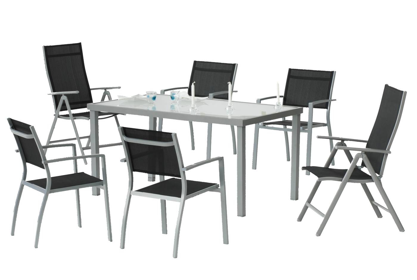 Set Aluminio Perseo-4S2TB - Conjunto aluminio color plata: mesa de 150 cm, 4 sillones apilables y 2 tumbonas