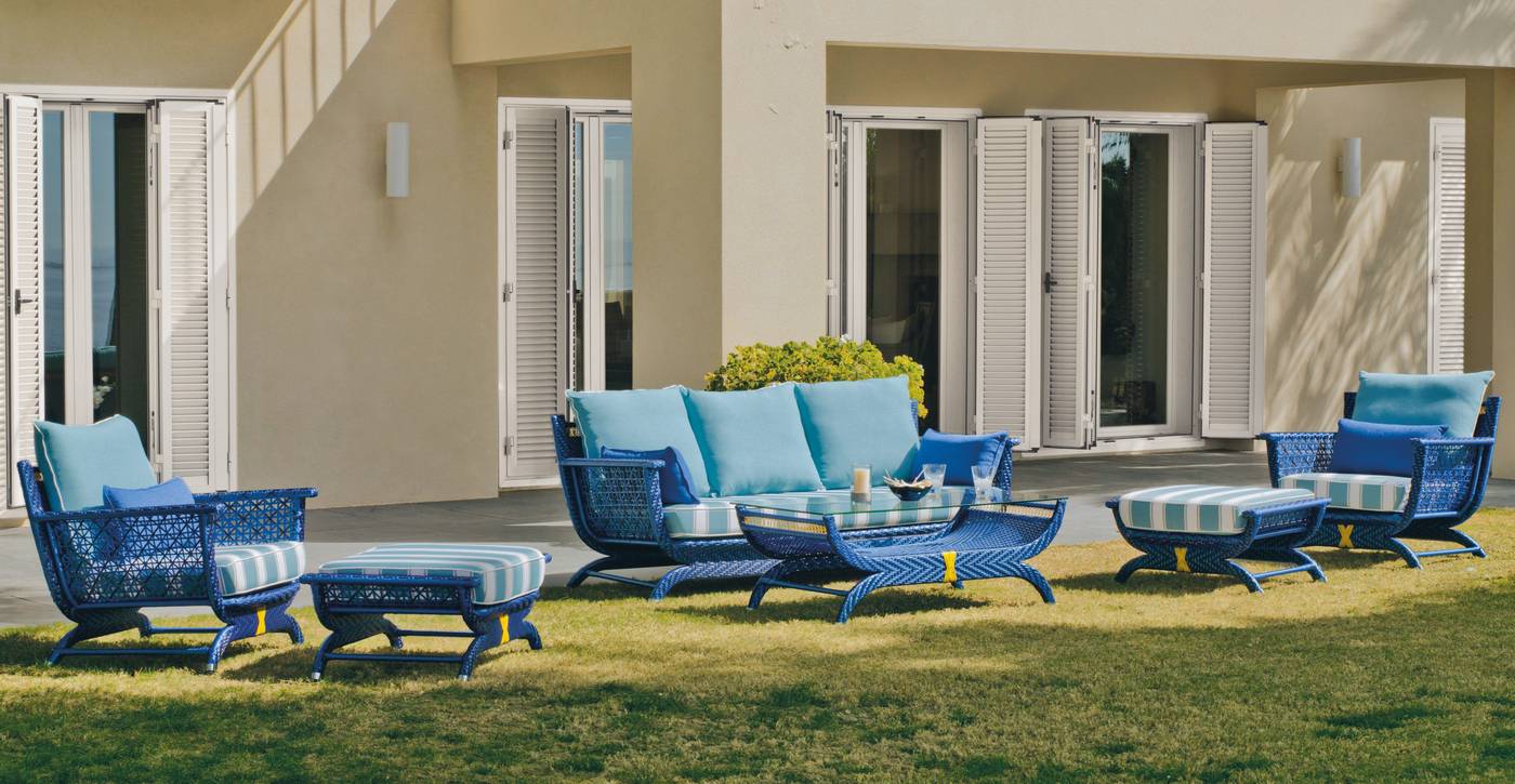 Conjunto gran lujo de médula sintética color azul: 1 sofá 3 plazas + 2 sillones + 1 mesa de centro.