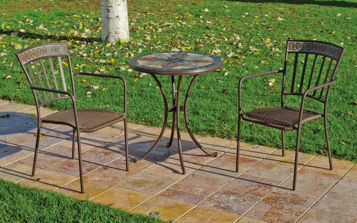 Conjunto de forja de lujo: mesa con panel mosaico 60 cm de piedra + 2 sillones de forja apilables