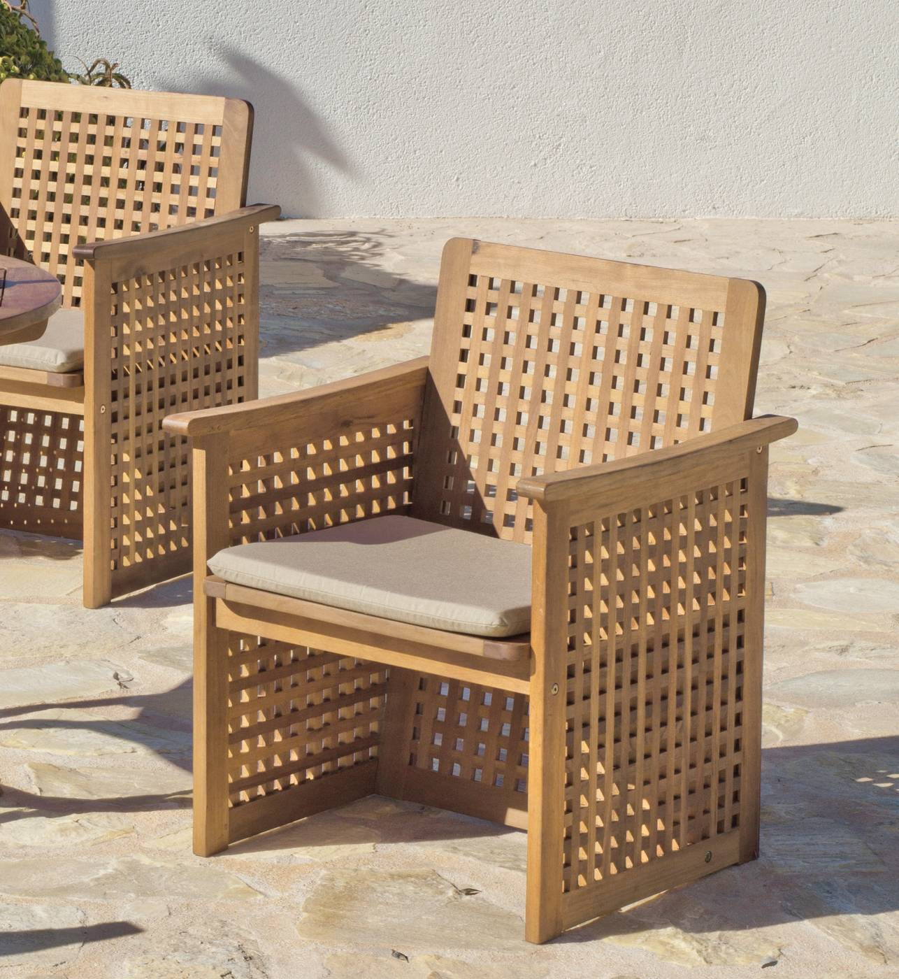 Set Madera Teka Mindoro/Orly-150/4 - Conjunto de jardín: mesa de madera de teka de 150 cm y 4 sillones con cojín