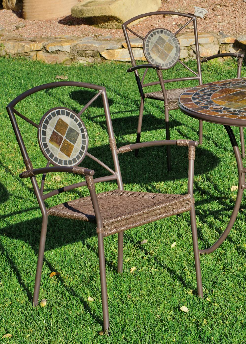 Conjunto Mosaico Luxe Yepara 210-8 - Conjunto lujoso de forja para jardín: 1 mesa con panel mosaico de pizarra + 8 sillones de forja + 8 cojines