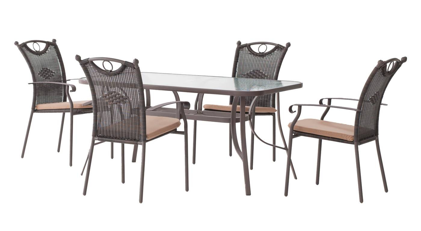 Conjunto de acero color bronce: 1 mesa de acero con tablero de cristal templado + 4 sillones de forja y wicker