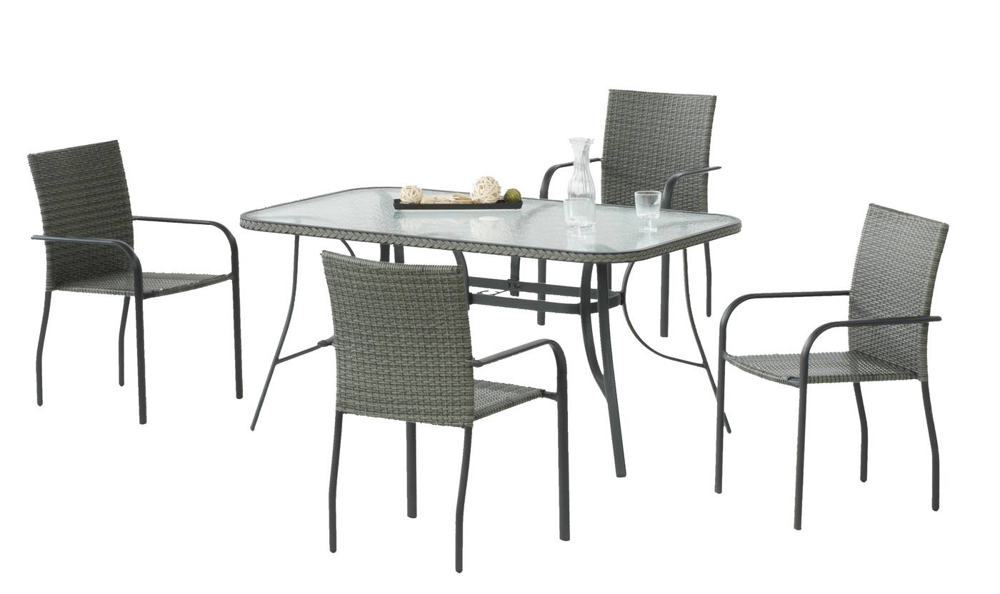 Conjunto de acero inoxidable color antracita y rattán sintético color gris: 1 mesa rectangular 150 cm, con tablero de cristal templado + 4 sillones apilables