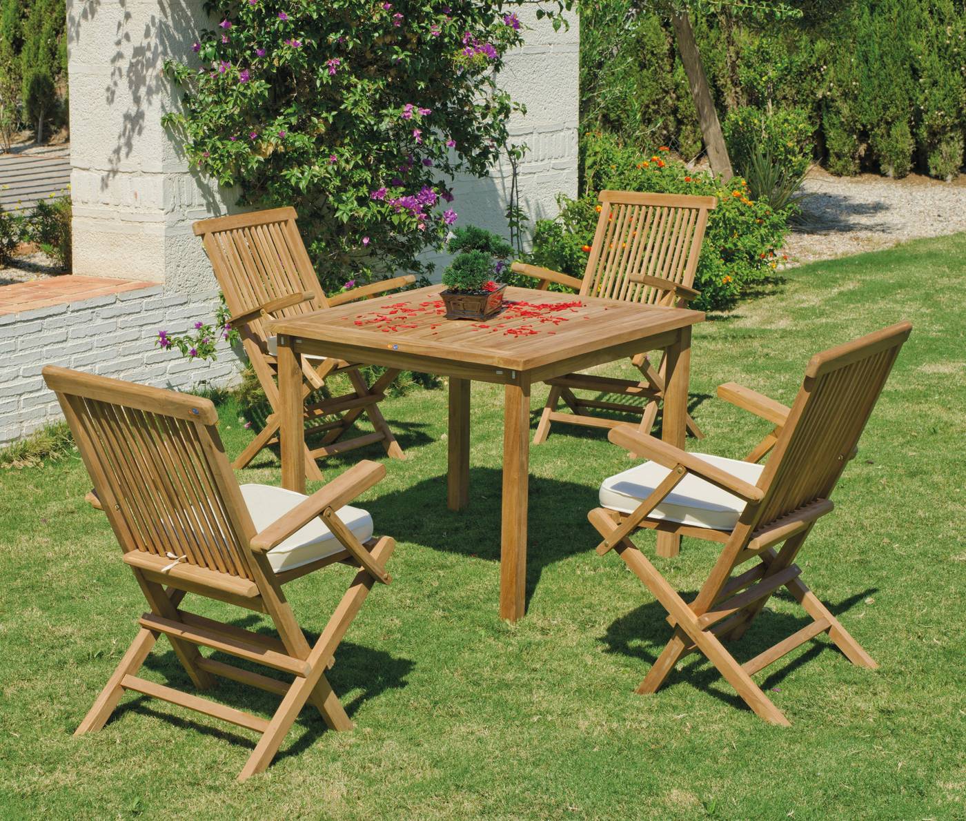 Conjunto de madera de teka maciza para jardín: 1 mesa + 4 sillones + 4 cojines en dralón