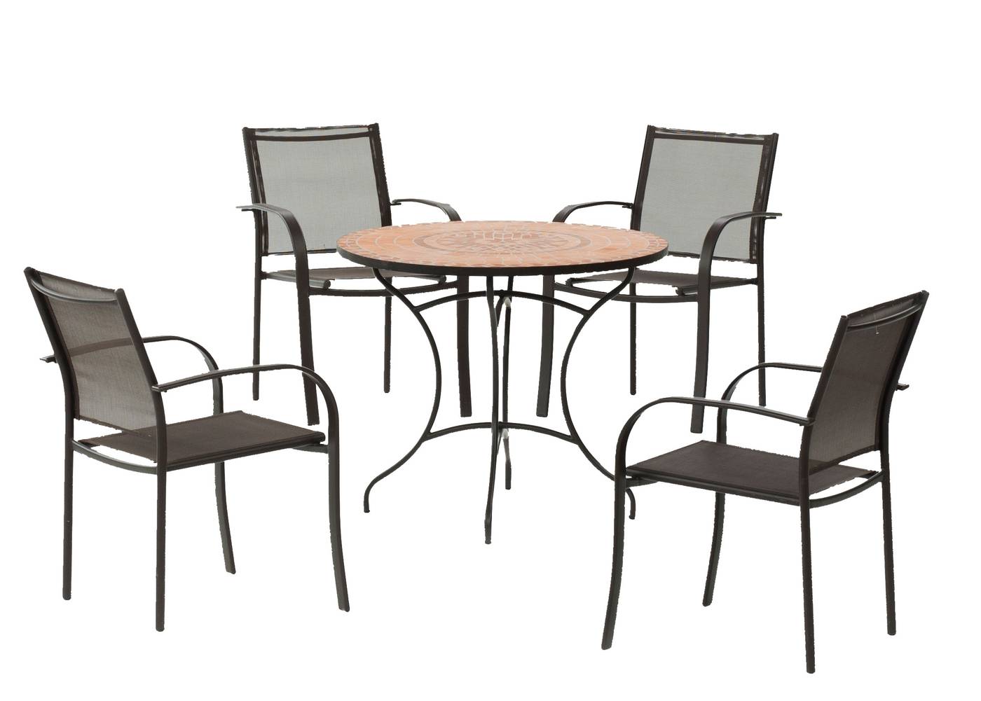 Conjunto de acero para jardín: 1 mesa con panel mosaico + 4 sillones