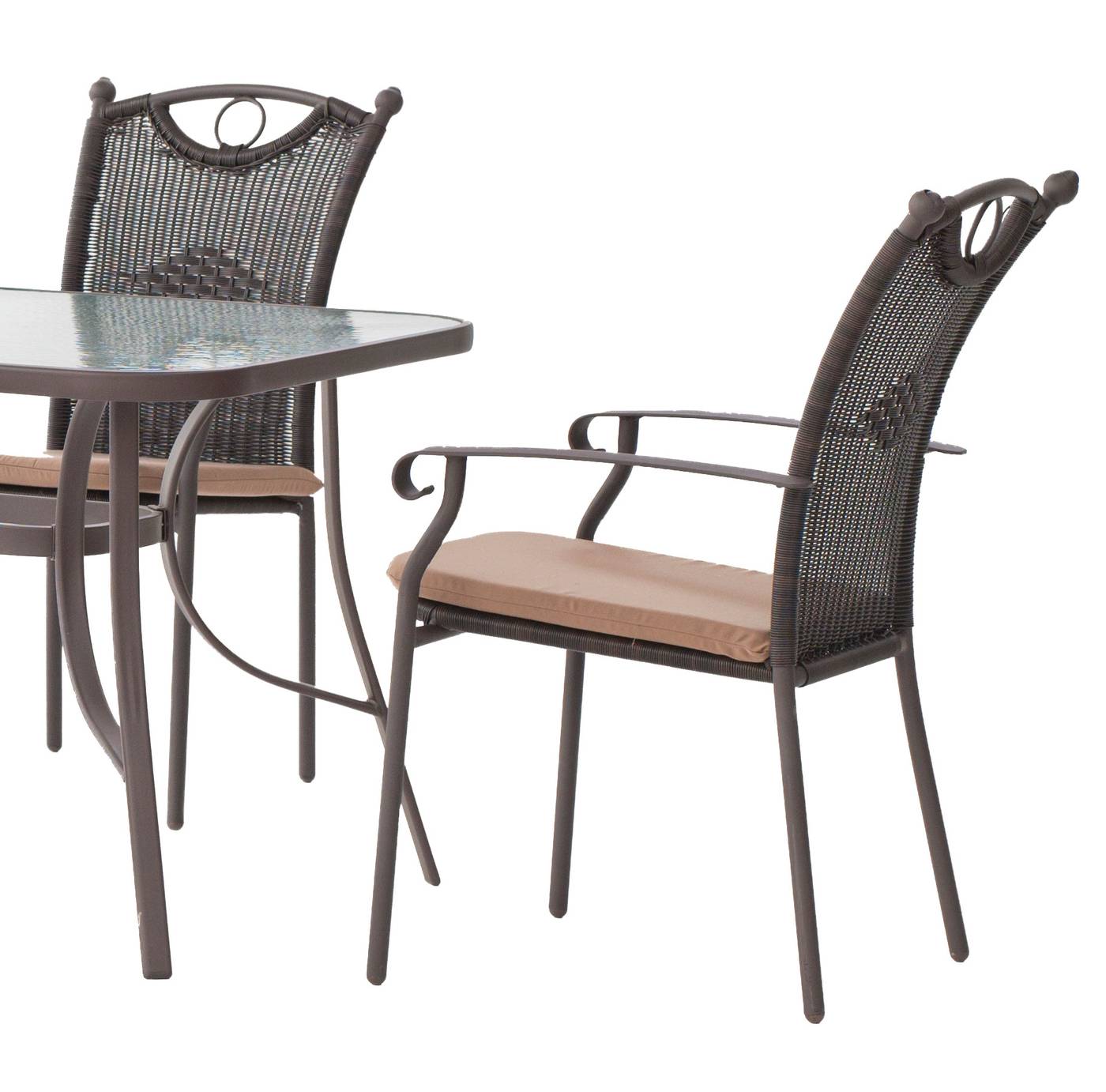 Set Acero Macao-Beldey 150-4 - Conjunto de acero color bronce: 1 mesa de acero con tablero de cristal templado + 4 sillones de forja y wicker