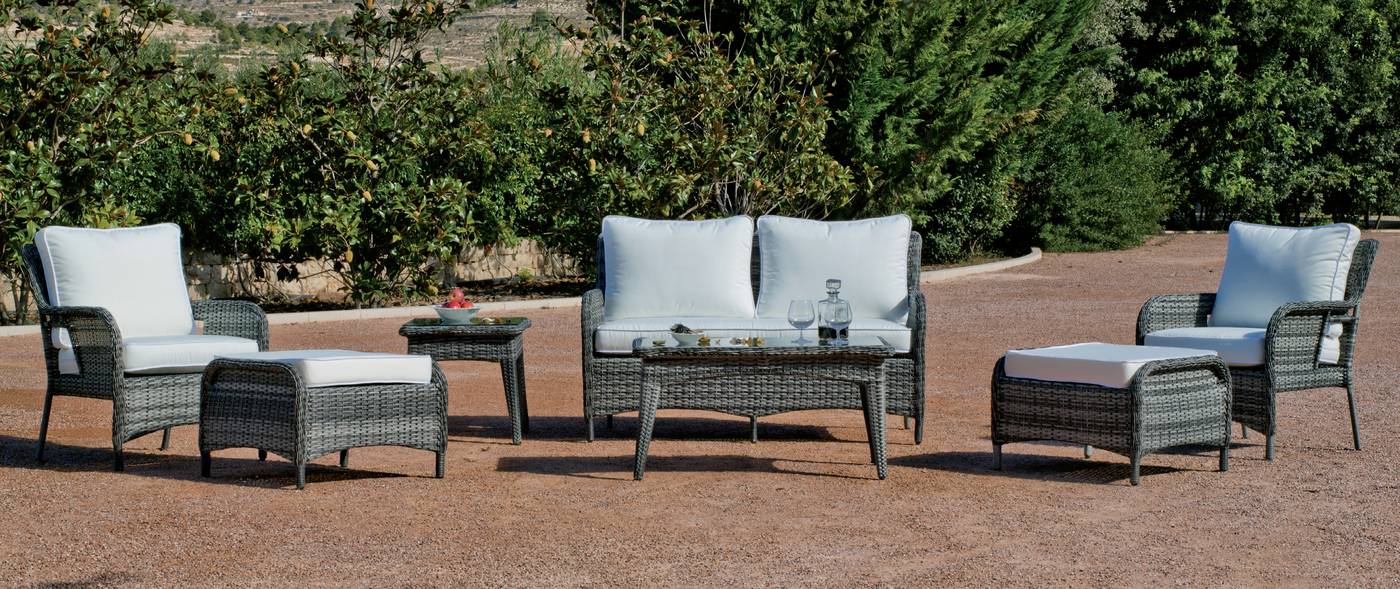 Conjunto huitex gris: sofá 2 plazas, 2 sillones, 2 reposapiés y mesa de centro