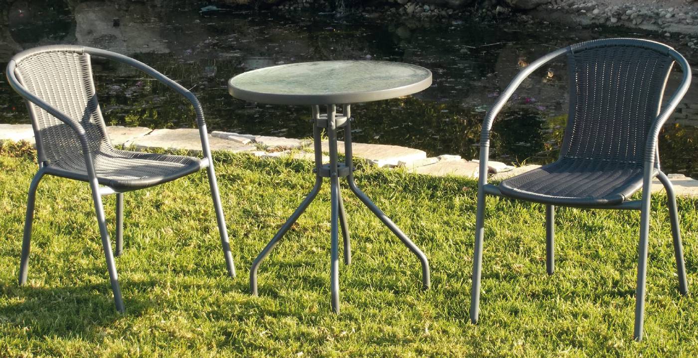 Conjunto de acero color antracita: mesa redonda con tablero de cristal templado de 60 cm. + 2 sillones apilables de wicker reforzado