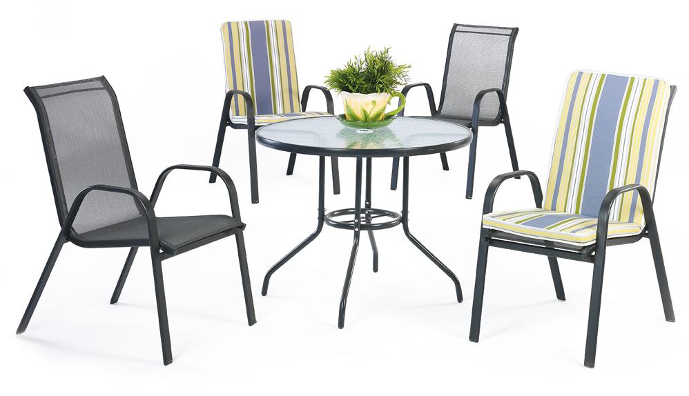 Conjunto Acero Sulam-90 - Conjunto de acero color antracita: mesa redonda de 90 cm, con tapa de cristal templado + 4 sillones apilables de acero y textilen