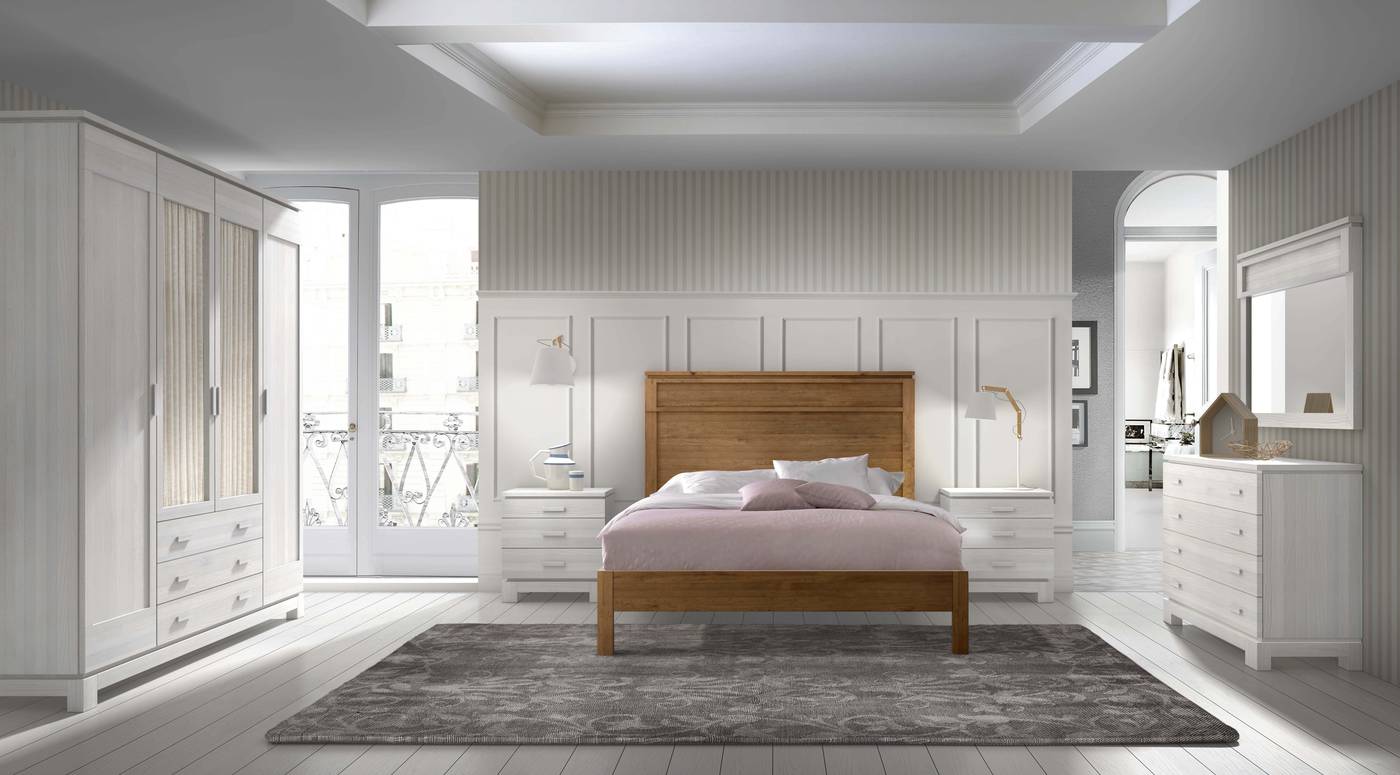 Composición dormitorio: Cama con cabezal y bañera de madera de 150 cm. y 2 mesitas de 3 cajones