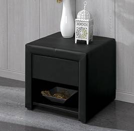 Mesita de noche tapizada en polipiel color negro, con un cajón + un hueco
