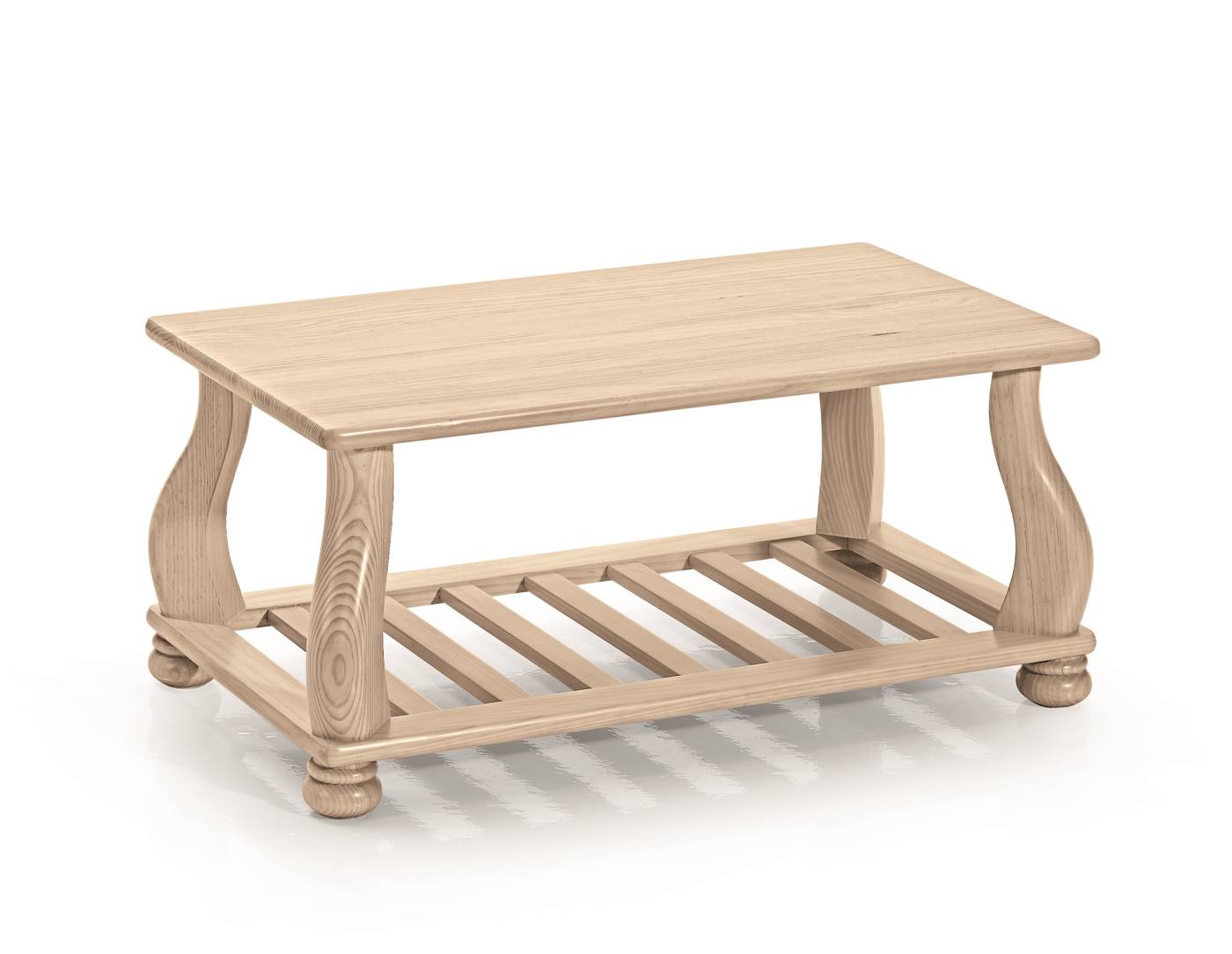 Mesa de centro de madera de pino, con revistero y tapa de madera. Disponible en varios colores.