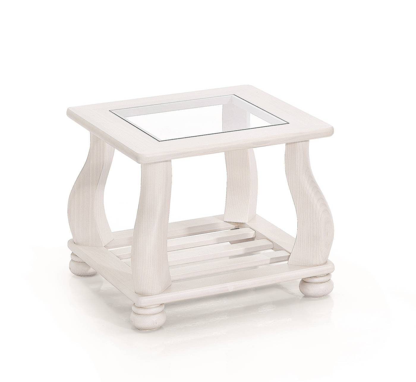 Mesa de rincón de madera de pino, con revistero y tapa de cristal. Disponible en varios colores.