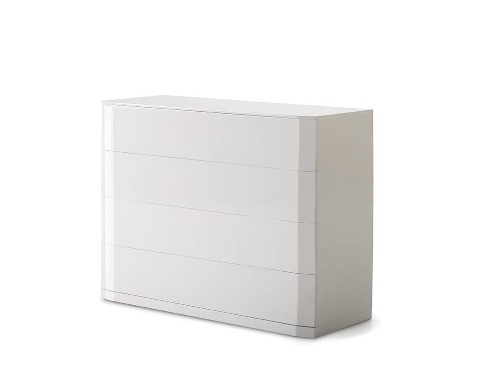 Cómoda minimalista de 4 cajones, lacada en color blanco brillo