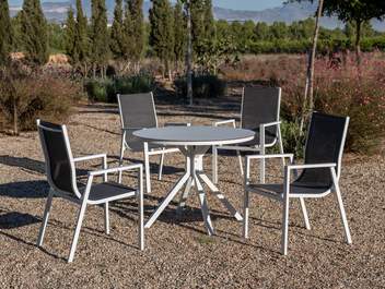 Conjunto Giglio100-Sidney de Hevea - Conjunto aluminio: mesa redonda de 100 cm con tablero HPL + 4 sillones de alumino y textilen. Colores: blanco o antracita.