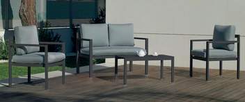 Set Aluminio Hondina-7 de Hevea - Conjunto de aluminio: sofá 2 plazas + 2 sillones + 1 mesa de centro + cojines. Estructura de color blanco o antracita.