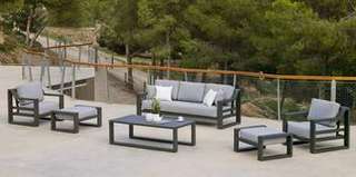 Set Aluminio Luxe Rosenborg-10 de Hevea - Conjunto lujo para jardín: 1 sofá de 3 plazas + 2 sillones + 2 reposapiés + 1 mesa de centro. Estructura de alumino reforzado color blanco, antracita, champagne, plata o marrón.