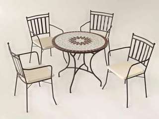 Conjunto Mosaico Estela90-Shifa de Hevea - Conjunto de forja color bronce: mesa con tablero mosaico de 90 cm + 4 sillones con cojines asiento.