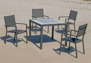 Set Góndola-90-4 Córcega de Hevea - Conjunto de aluminio color antracita: Mesa cuadrada con tablero mosaico de 90 cm + 4 sillones de textilen.