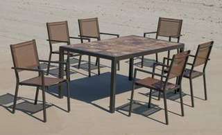 Set Lomba-160-6 Córcega de Hevea - Conjunto de aluminio color marrón: Mesa rectangular con tablero mosaico de 160 cm + 6 sillones de textilen.