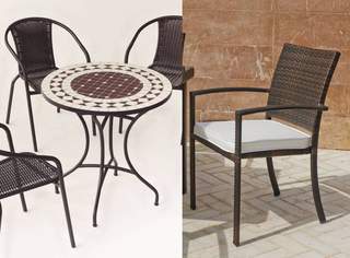 Conjunto Mosaico Oran75-Bahia de Hevea - Conjunto de forja color marrón: mesa con tablero mosaico de 75 cm + 4 sillones de ratán sintético con cojines.
