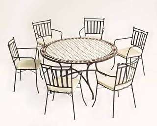 Conjunto Mosaico Zaira140-Shifa de Hevea - Conjunto de forja color bronce: mesa con tablero mosaico de 140 cm + 6 sillones con cojines asiento.
