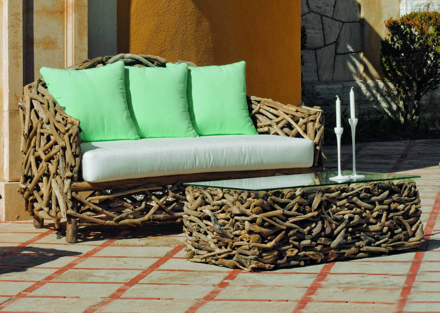 Conjunto Madera tropical Aberdin - Conjunto de madera tropical: Sofá 3 plazas + 2 sillones + mesa de centro + cojines