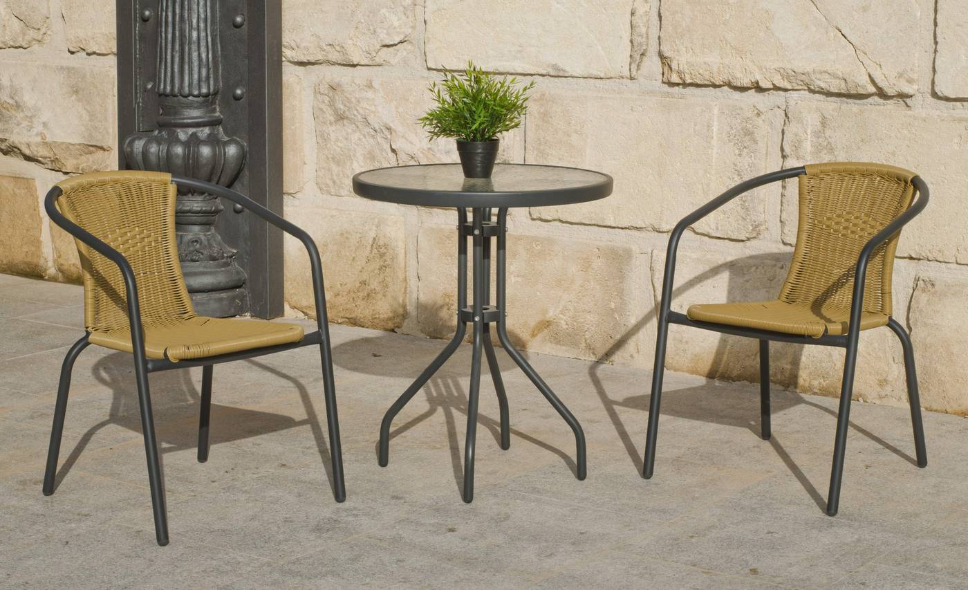 Conjunto de acero inoxidable color antracita: mesa con tablero de cristal templado de 60 cm. + 2 sillones de acero y wicker reforzado