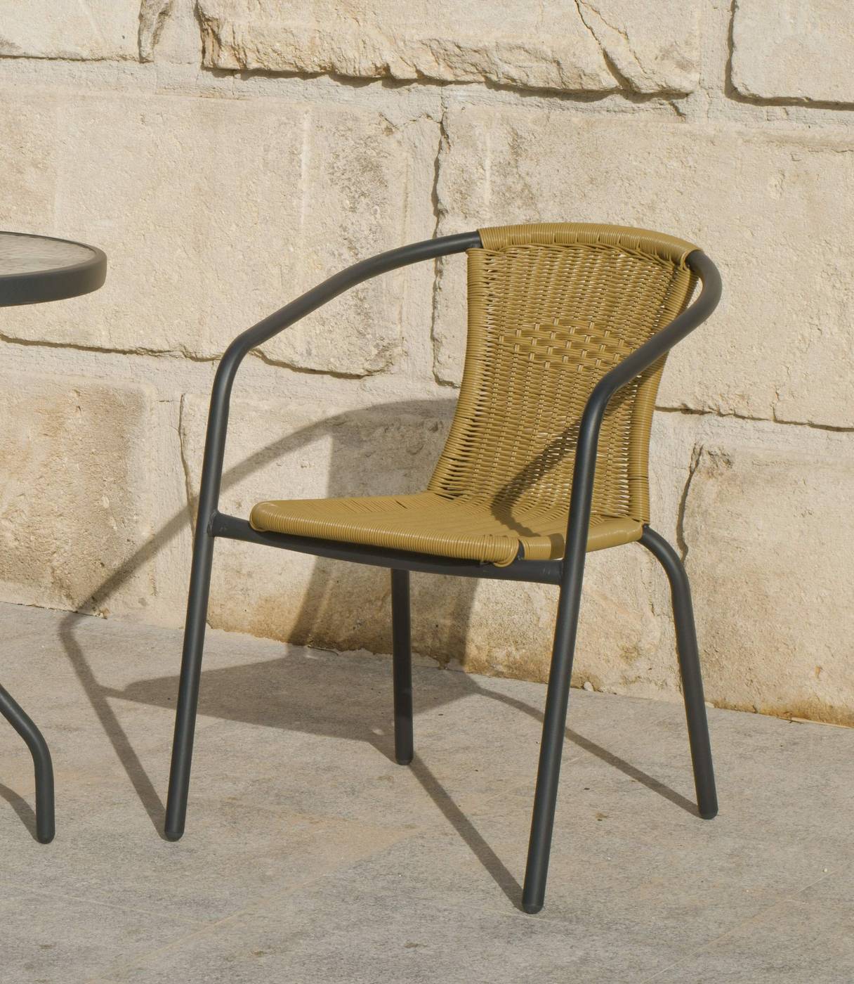 Conjunto Acero Valencia 60-2 - Conjunto de acero inoxidable color antracita: mesa con tablero de cristal templado de 60 cm. + 2 sillones de acero y wicker reforzado