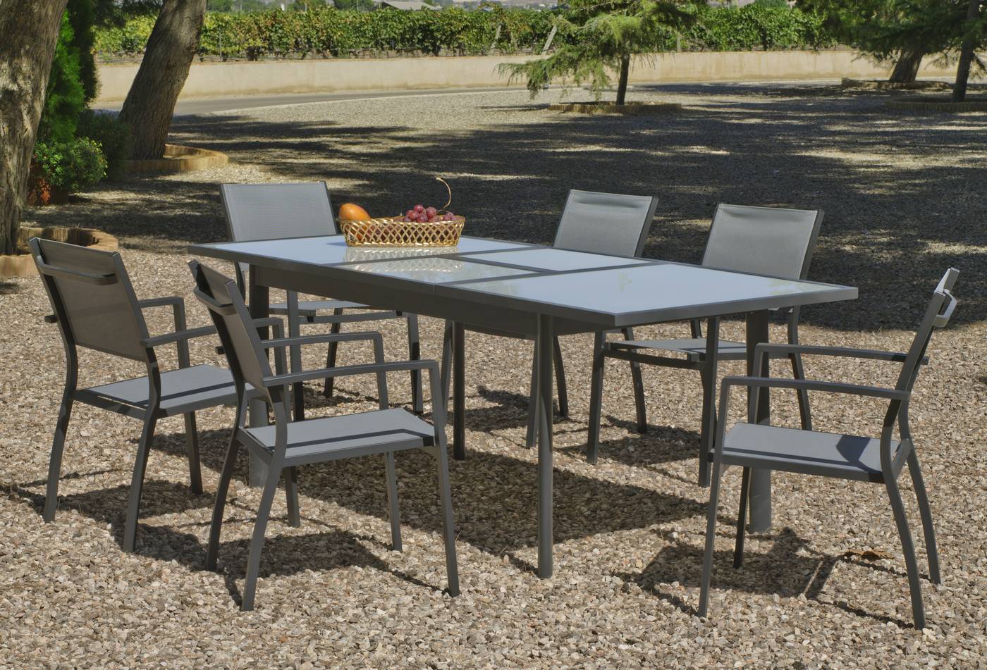Conjunto de aluminio color antracita: mesa extensible 150-200 cm. + 6 sillones apilables de alumino y textilen