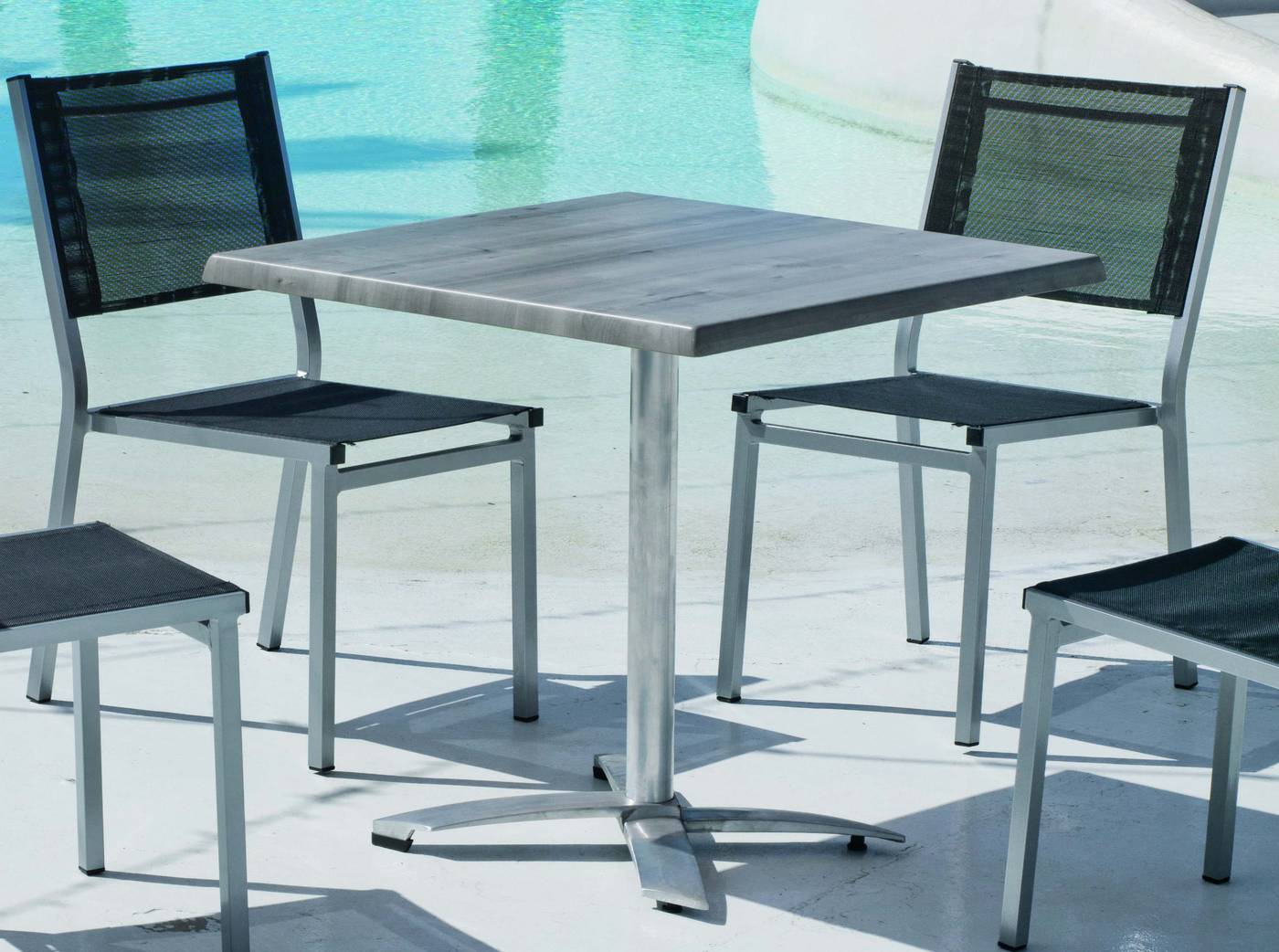 Set Aluminio Lieja/Sion-80/4 - Conjunto aluminio: mesa cuadrada de 120 cm. con tablero de heverzaplus y 6 sillas de aluminio color plata y textilen color gris