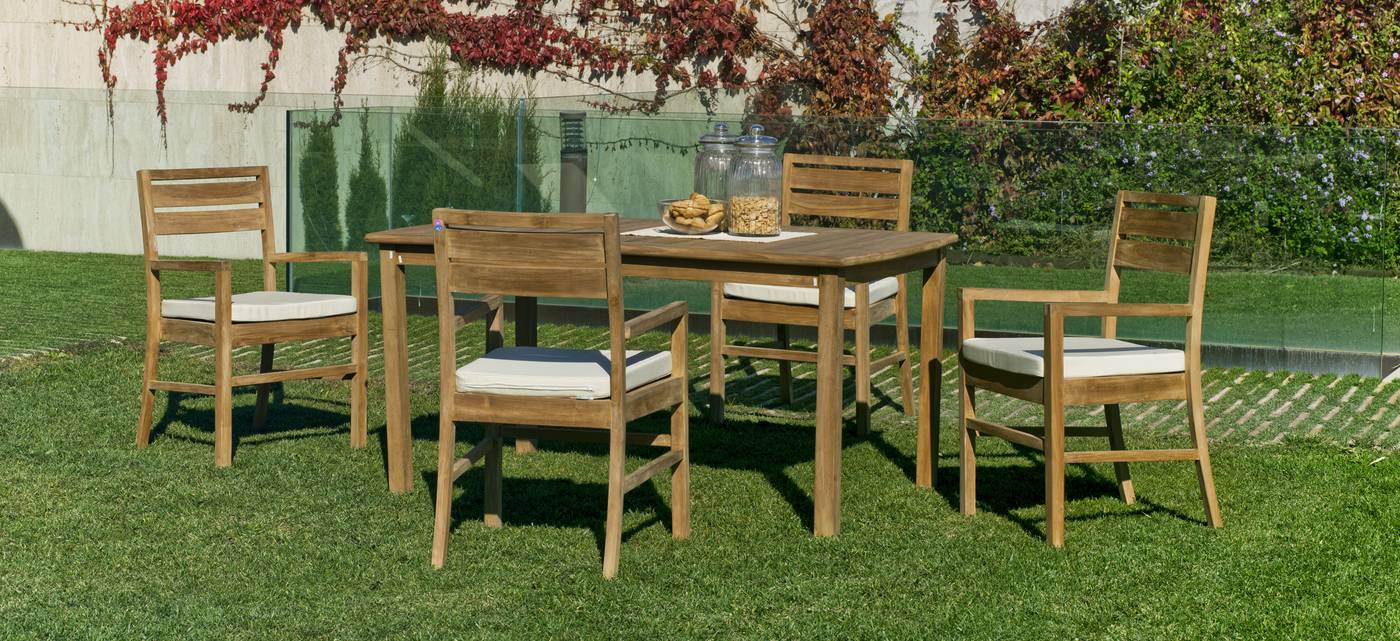 Conjunto Teka Mindoro 150-4 - Conjunto de madera de teka para jardín: mesa de 150 cm y 4 sillones