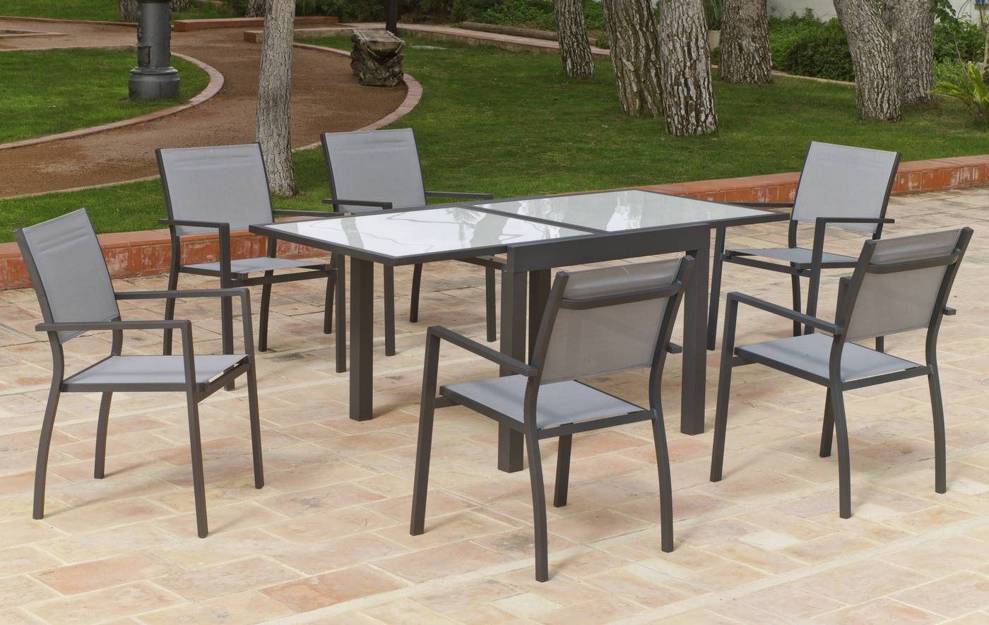 Conjunto de aluminio color antracita: mesa extensible 90-180 cm. + 4 sillones apilables de alumino y textilen
