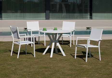Mesa Aluminio Baracoa-100 - Moderna mesa poligonal de 100 cm, de aluminio luxe color blanco, antracita, champagne, plata o marrón, con tablero de lamas de aluminio.