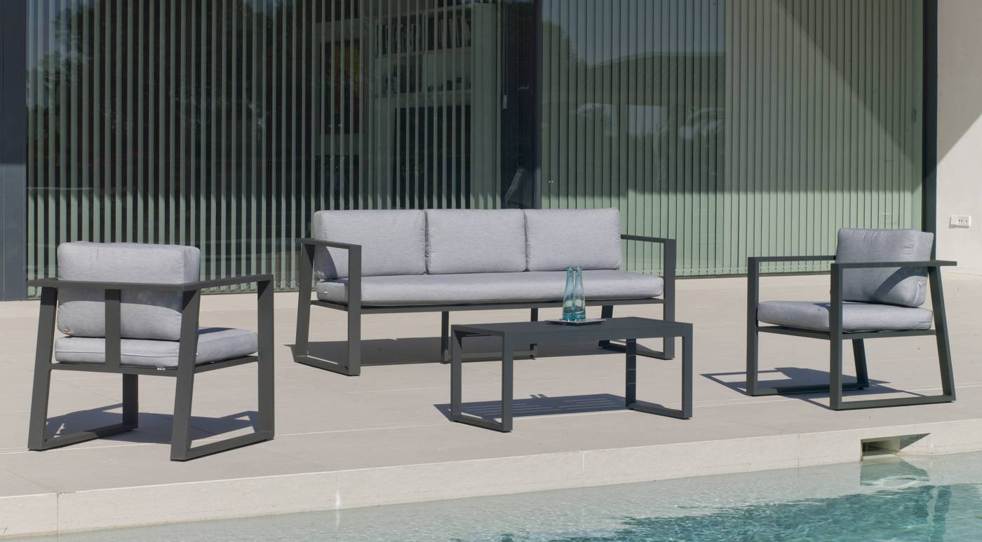 Conjunto Aluminio Luxe Boracay-8 - Conjunto aluminio luxe: 1 sofá de 3 plazas + 2 sillones + 1 mesa de centro + cojines. Disponible en color blanco, plata y antracita.