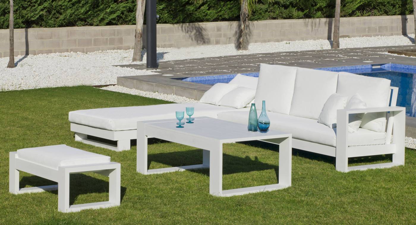 Set Chaiselongue Coloseo - Conjunto lujoso de aluminio: Chaiselonge/cama + sofá 3 plazas + 1 mesa de centro. Disponible en color blanco, antracita, champagne, plata o marrón.