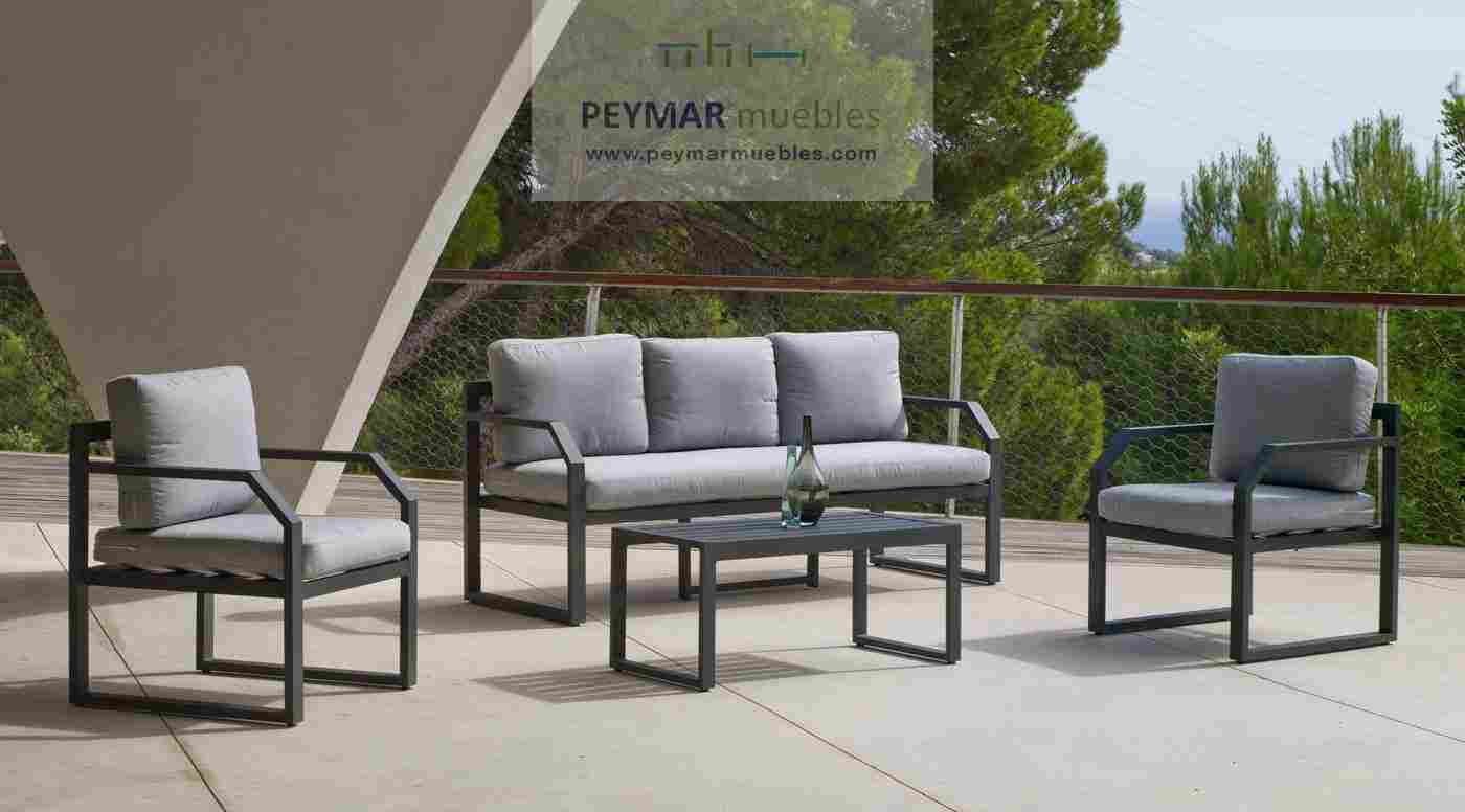 Conjunto Aluminio Génova-8 - Conjunto aluminio luxe: 1 sofá de 3 plazas + 2 sillones + 1 mesa de centro + cojines. Disponible en color blanco, plata o antracita.