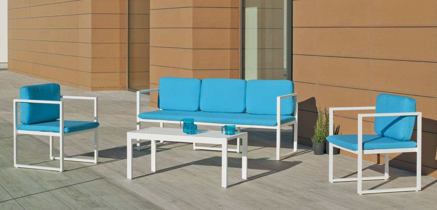 Conjunto de aluminio apilable: sofá 3 plazas + 2 sillones + mesa de centro + cojines. Disponible en color blanco o antracita.